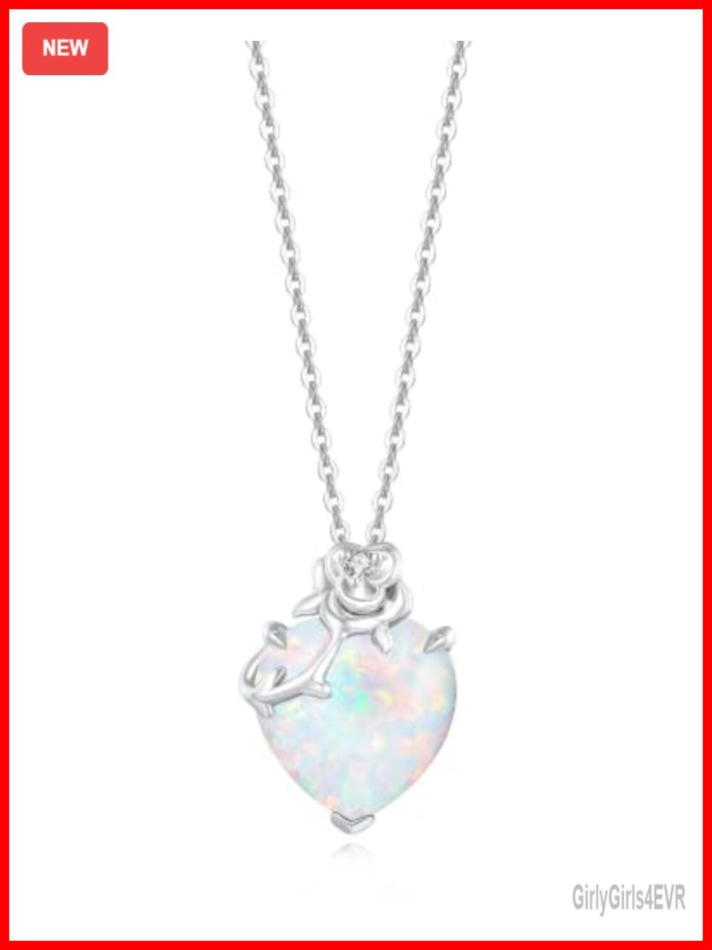 14K Solid White Gold Rose Flower Birthstone Pendant Necklace with Sterling